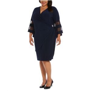 R&M Richards Long Sleeve Beaded Sheath Midi Cocktail Dress Navy Blue Size 18W